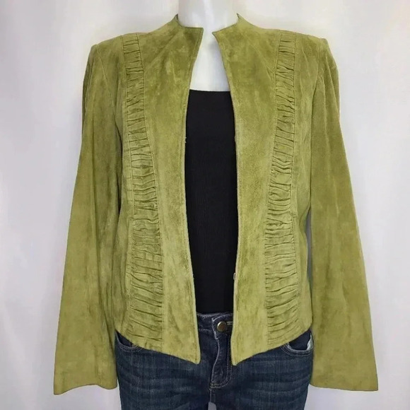 Anne Klein Green Suede Jacket Blazer Ruched Tailored 100% Suede Leather Medium - Picture 1 of 16